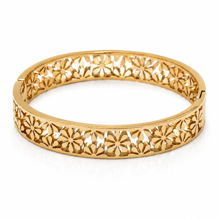 Gold-tone floral openwork hinged kada bracelet