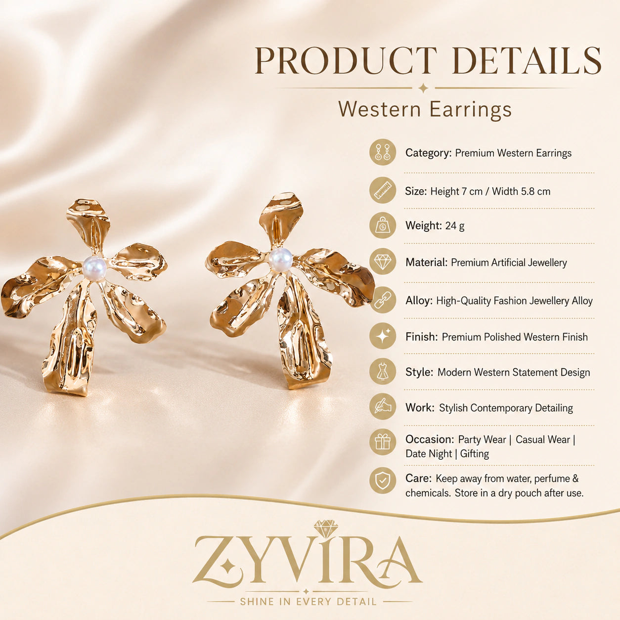 Product details card for gold floral pearl statement earrings