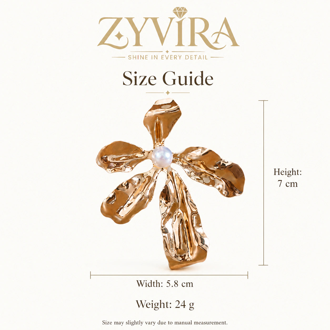 Size guide showing the proportions of floral pearl statement earrings