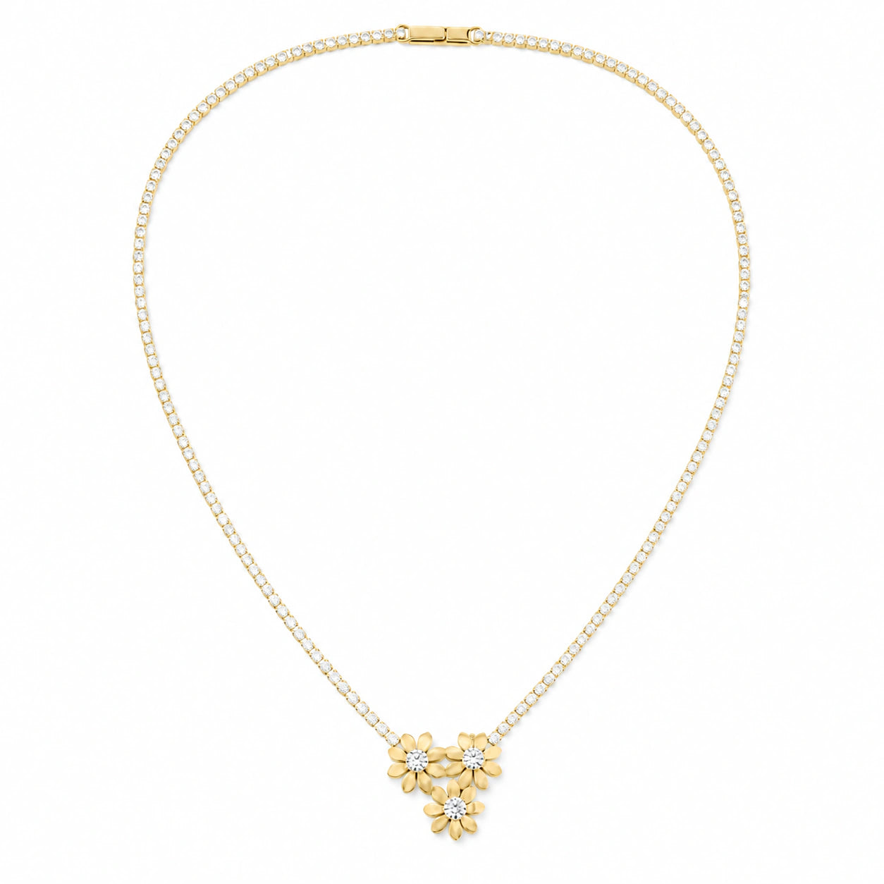 Angled view of the gold floral trio crystal necklace