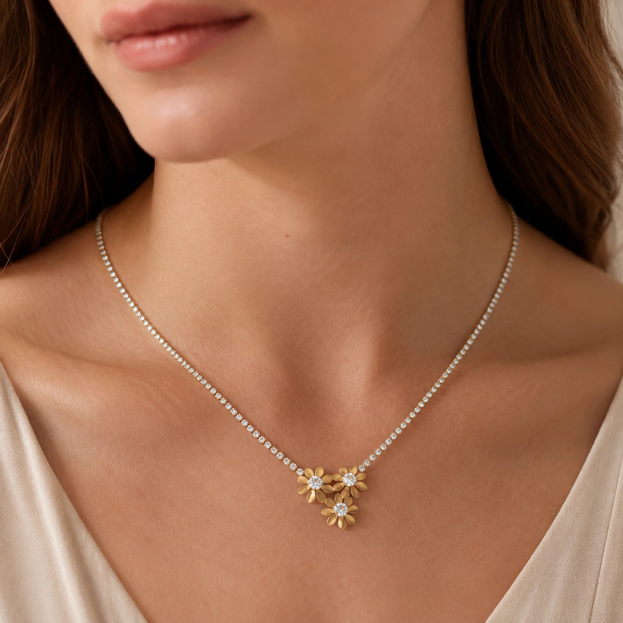 Close-up of the floral trio and crystal pendant detailing