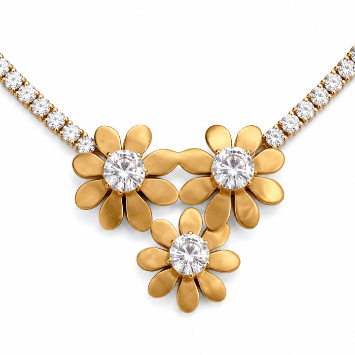 Gold-tone floral trio crystal pendant necklace