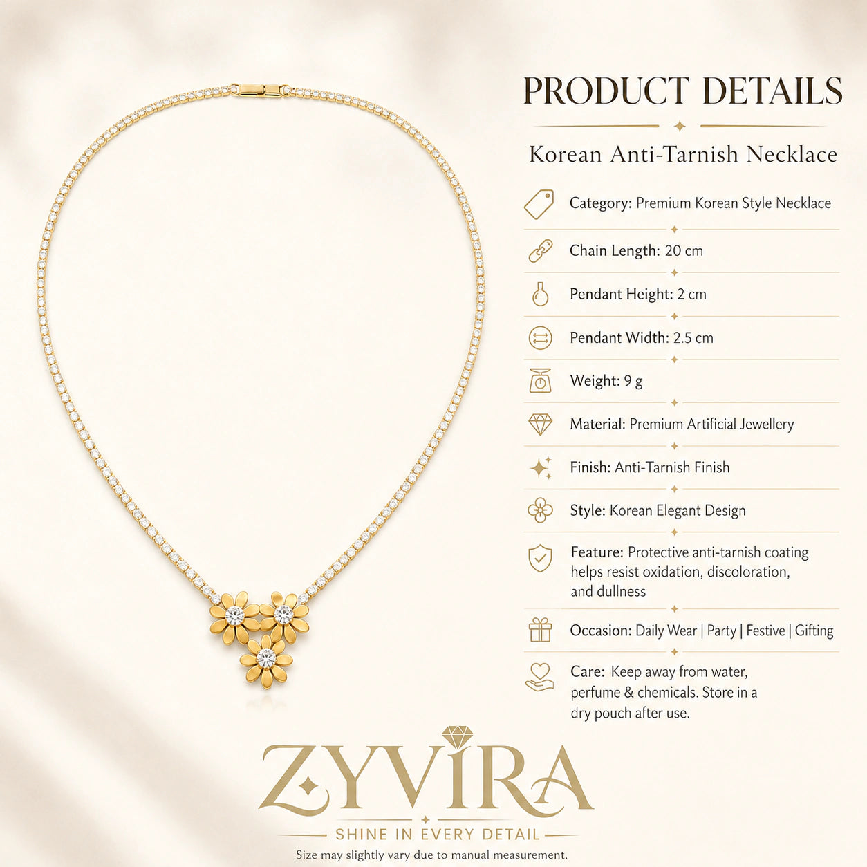 Product details card for the gold floral trio crystal necklace