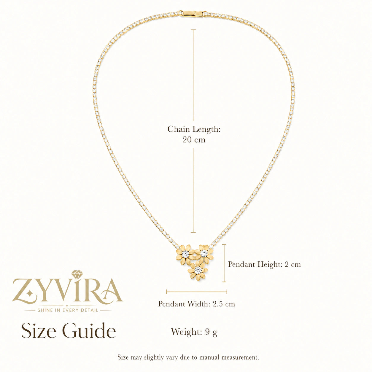 Size guide showing the proportions of the floral trio necklace