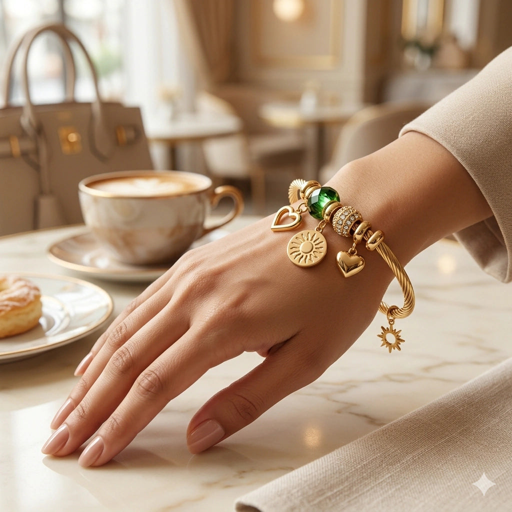 Alternate detail view of the green bead heart charm kada
