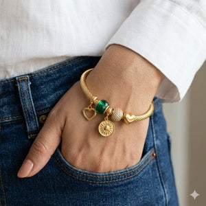 Alternate product view of the gold green bead heart charm kada