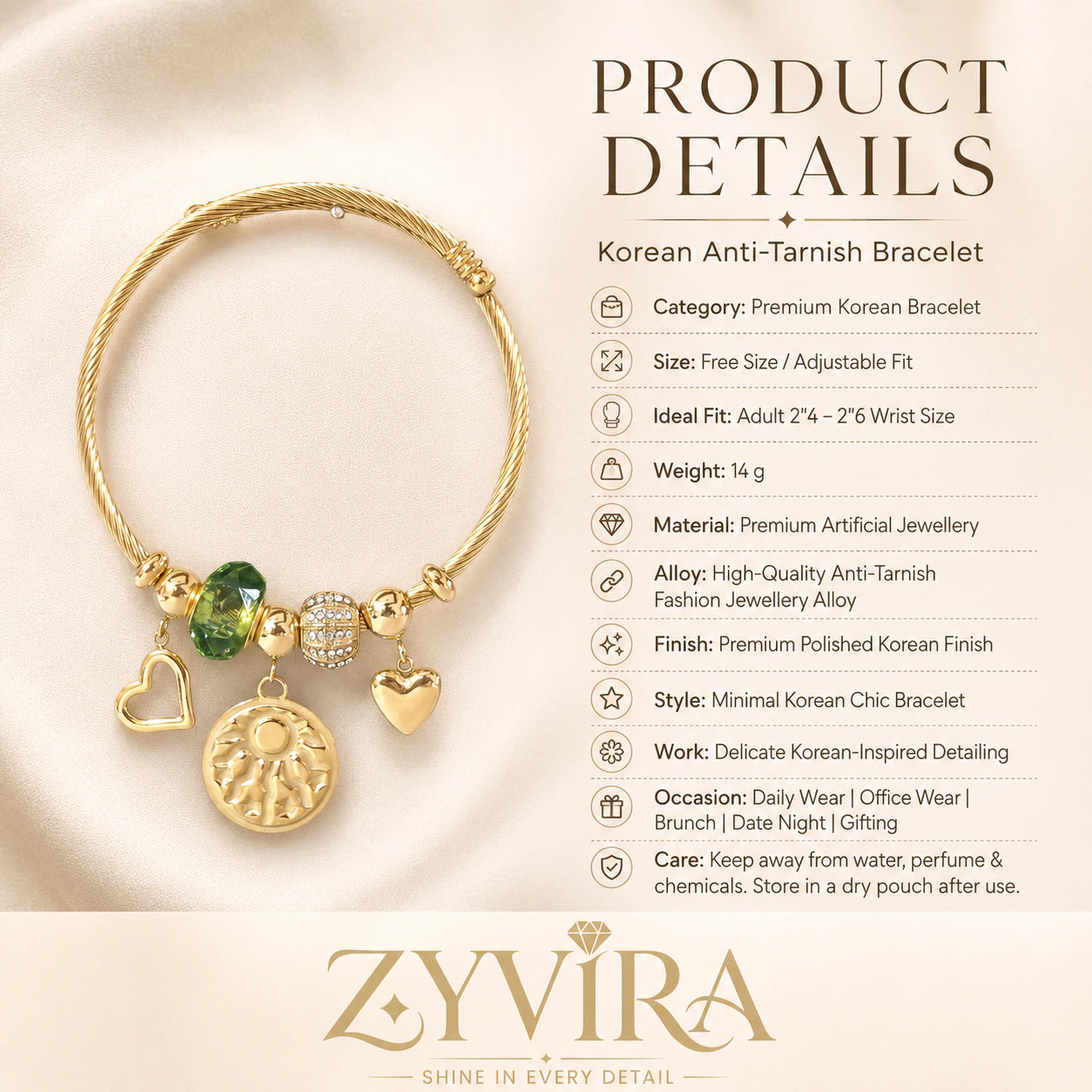 Gold green bead heart charm kada styled in a jewellery flat lay