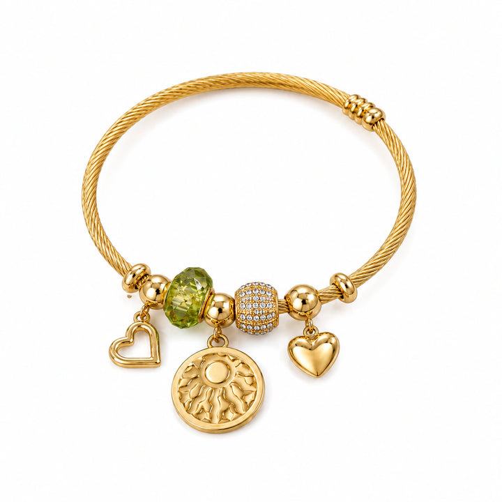 Gold-tone twisted cable green bead heart medallion charm kada bracelet