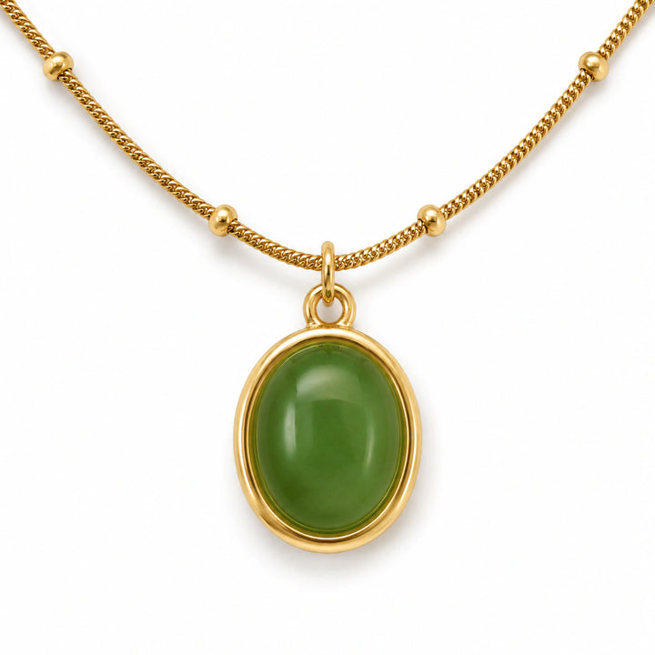 Gold green oval cabochon bead station pendant necklace