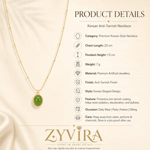 Product details card for the gold green cabochon bead necklace