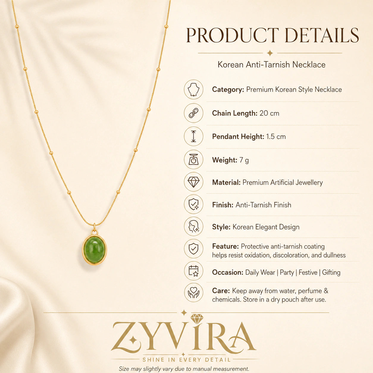 Product details card for the gold green cabochon bead necklace