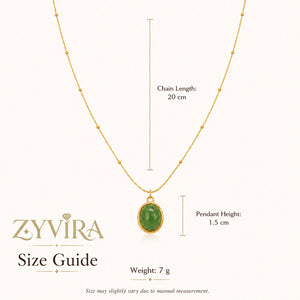 Size guide showing the proportions of the green cabochon necklace