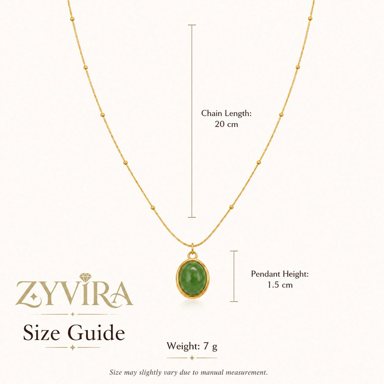 Size guide showing the proportions of the green cabochon necklace