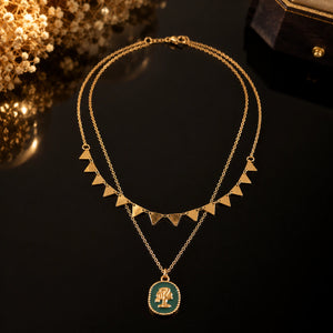 Alternate product view of the gold green cameo layered necklace