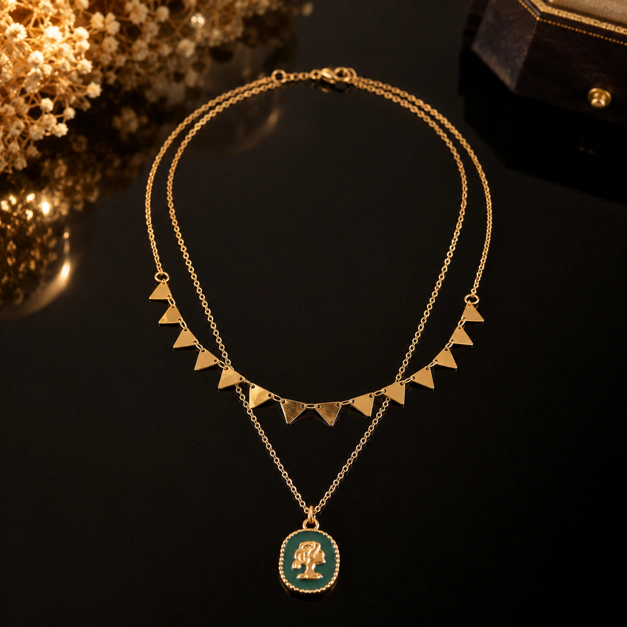 Alternate product view of the gold green cameo layered necklace