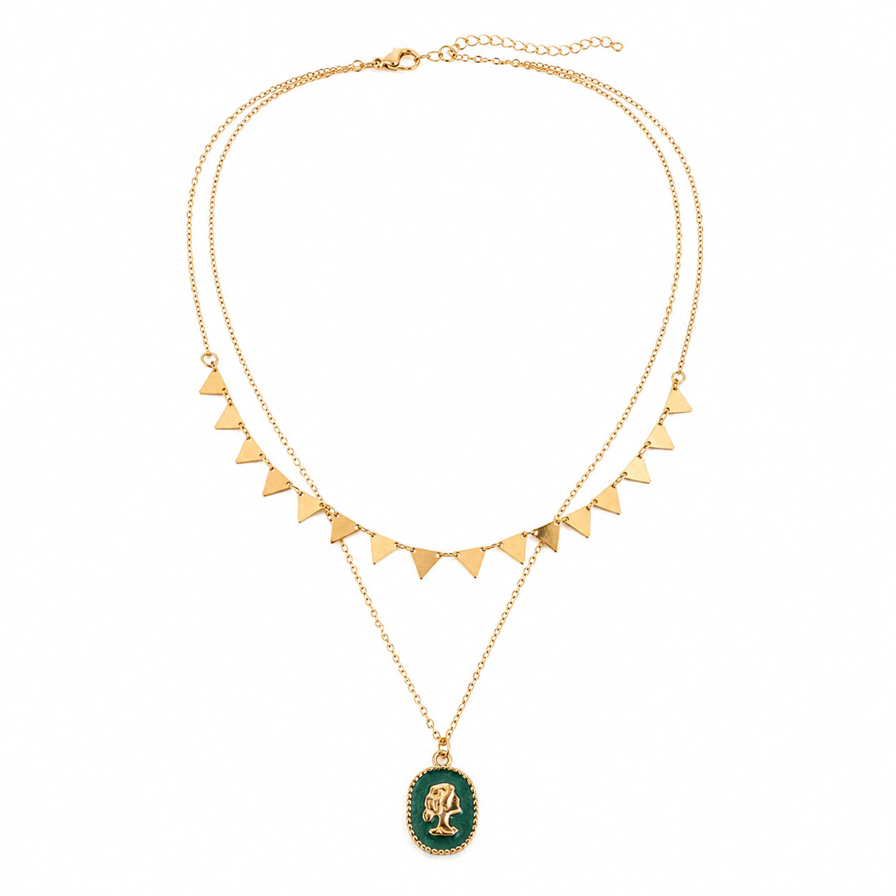 Angled view of the gold green cameo triangle layered necklace