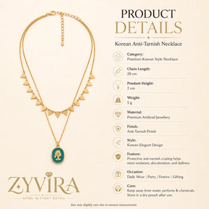 Product details card for the gold green cameo layered necklace