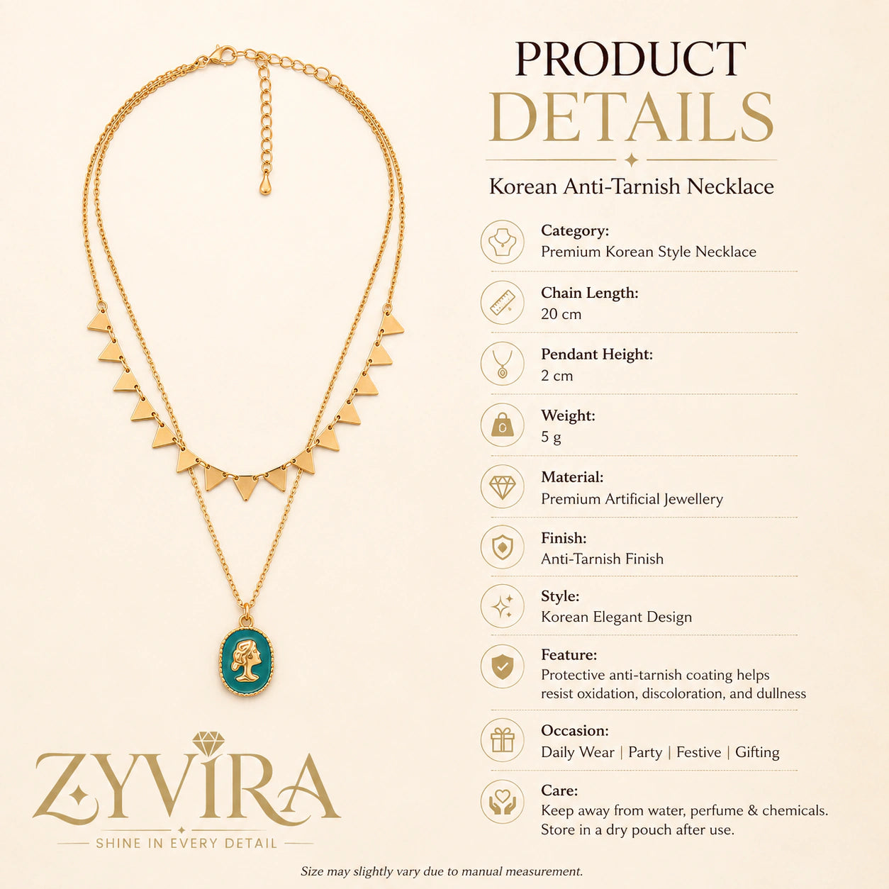 Product details card for the gold green cameo layered necklace