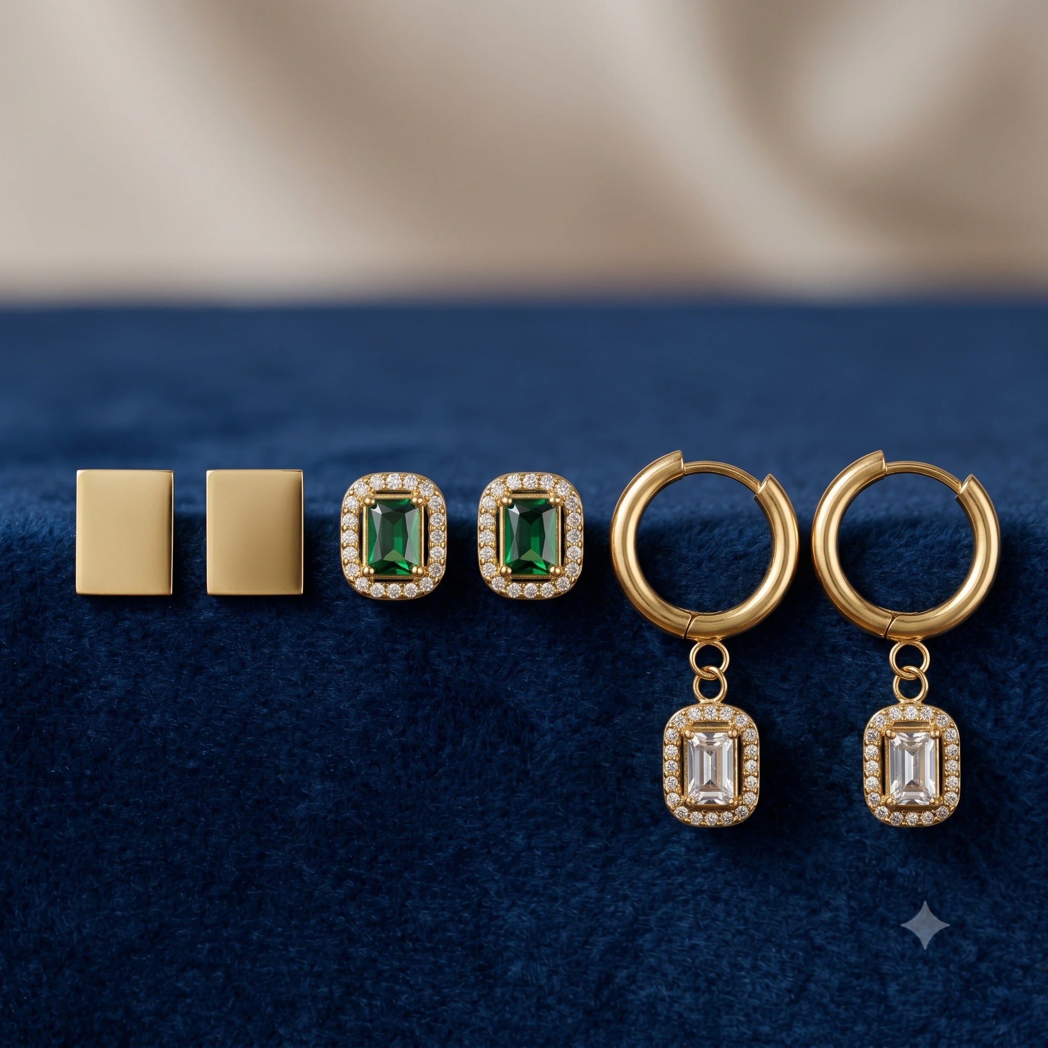 Complete components view of the gold green halo earring set