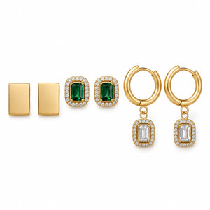 Close-up of green halo stones and gold-tone settings