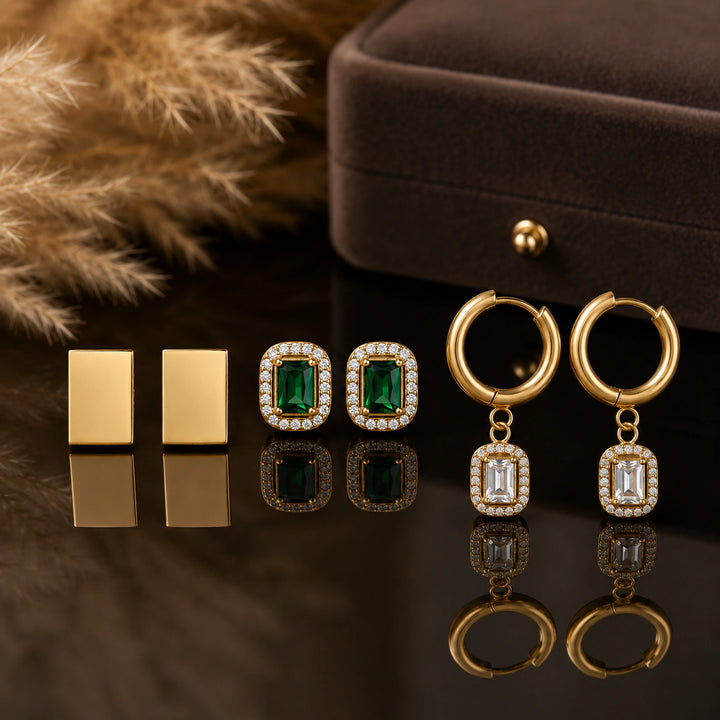Gold green halo stud and hoop drop earring set