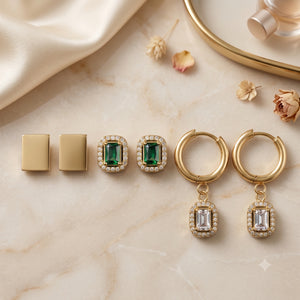 Side view of the gold green halo hoop drop earrings