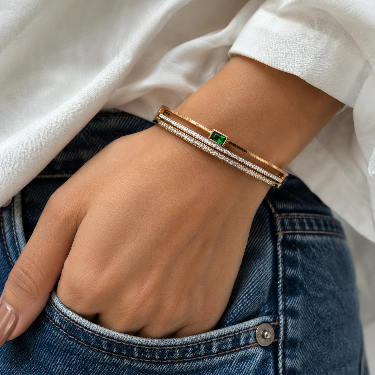 Alternate detail view of the green rectangular crystal bangle