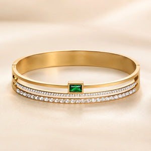 Alternate product view of the gold green crystal bangle