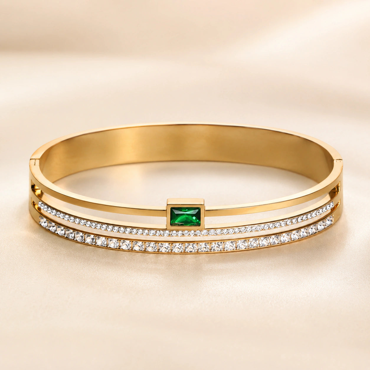 Alternate product view of the gold green crystal bangle