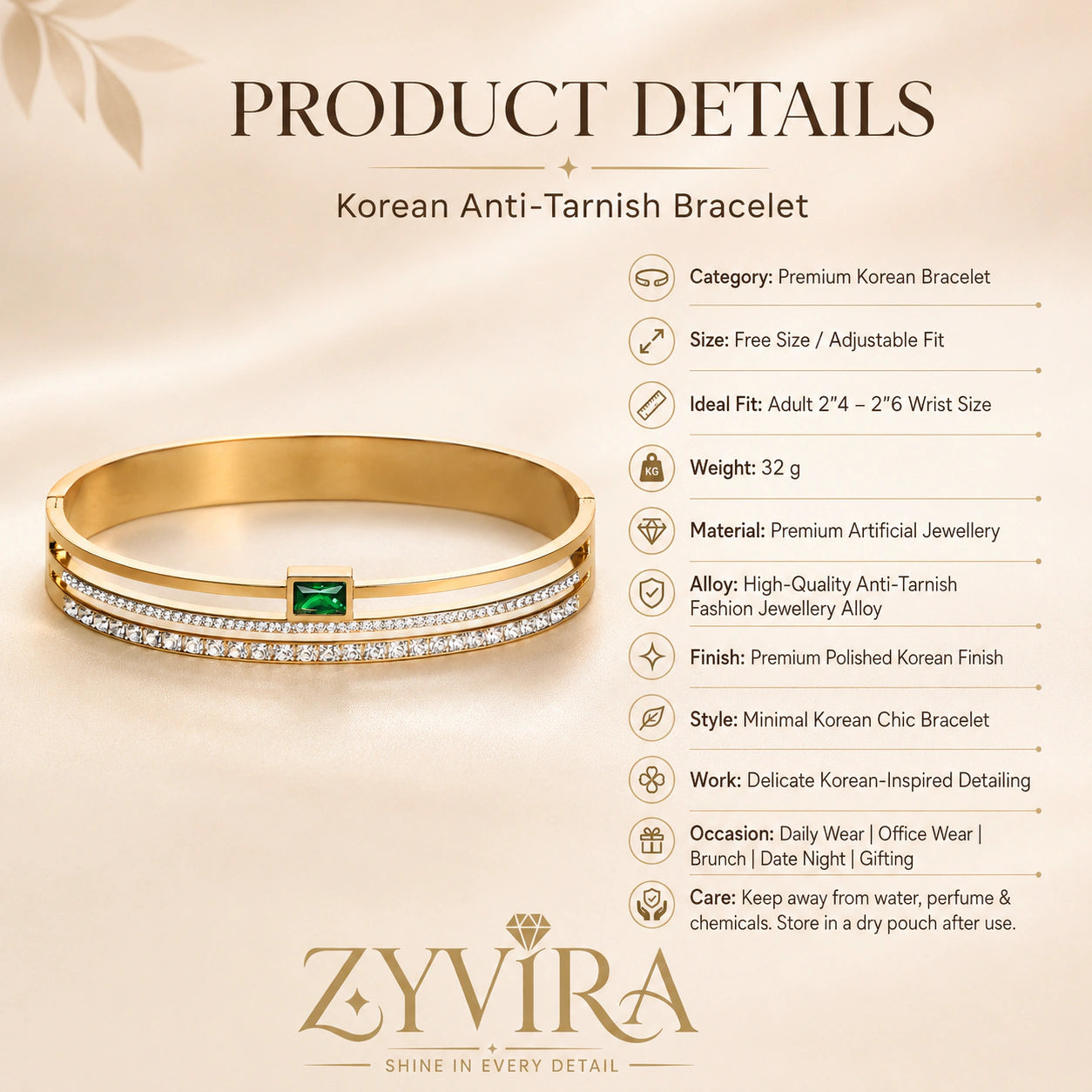 Gold green crystal bangle styled in an elegant jewellery flat lay