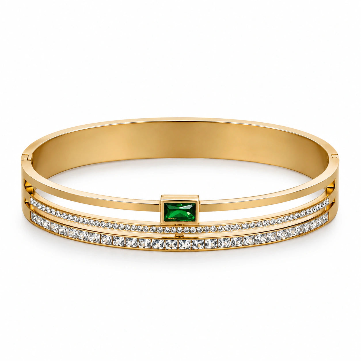 Close-up of green rectangular crystals and gold bangle detailing