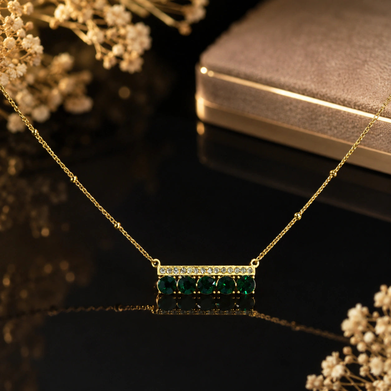 Alternate product view of the gold green stone crystal-bar necklace