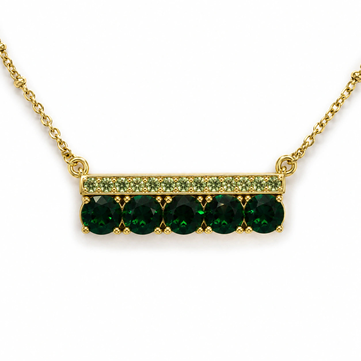 Gold-tone green stone crystal bar pendant necklace