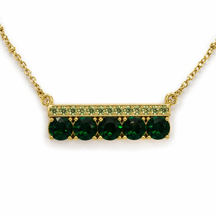 Gold-tone green stone crystal bar pendant necklace