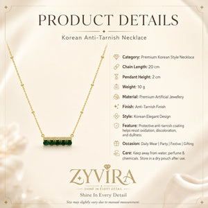 Product details card for the gold green stone crystal-bar necklace