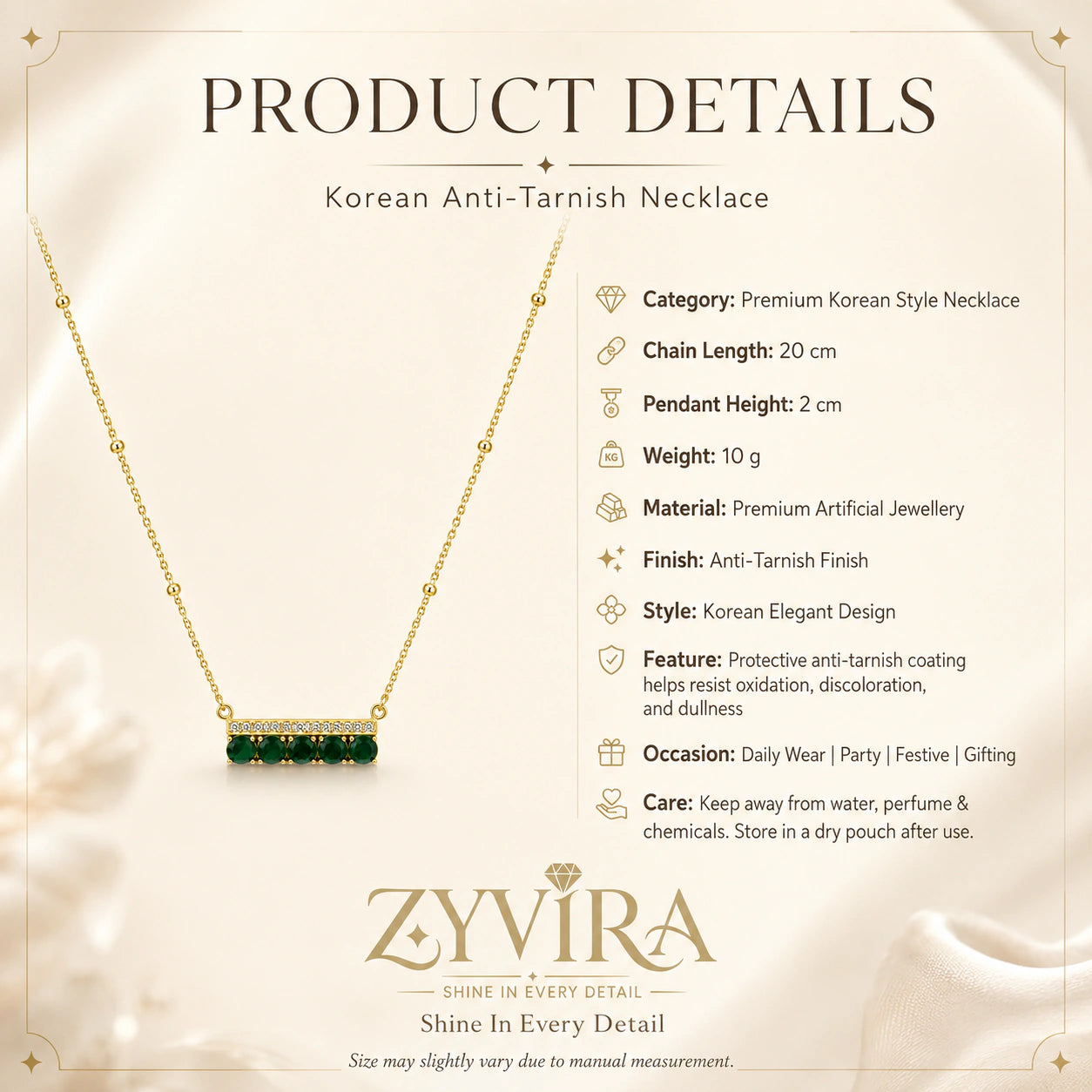 Product details card for the gold green stone crystal-bar necklace