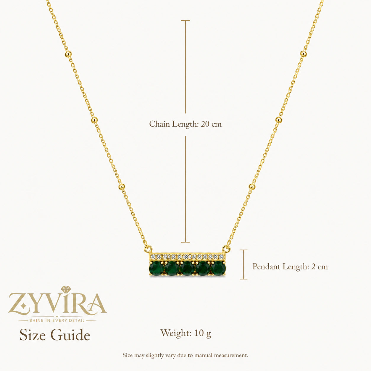 Size guide showing the proportions of the green stone bar necklace