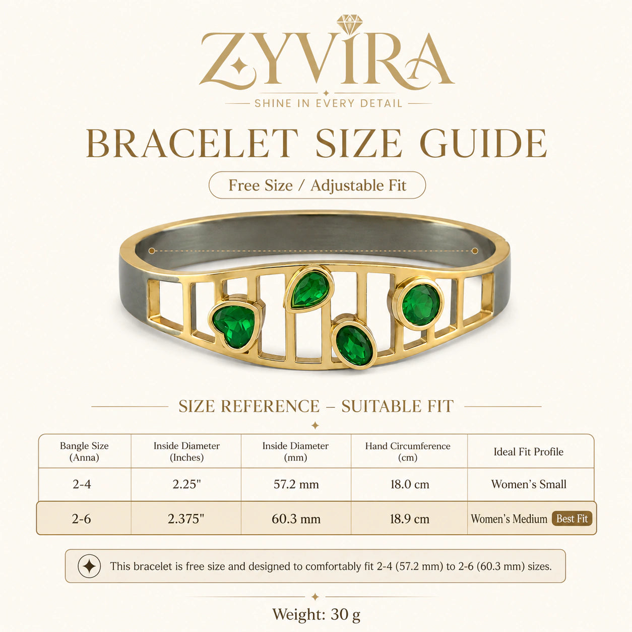 Angled view of the gold green stone openwork kada