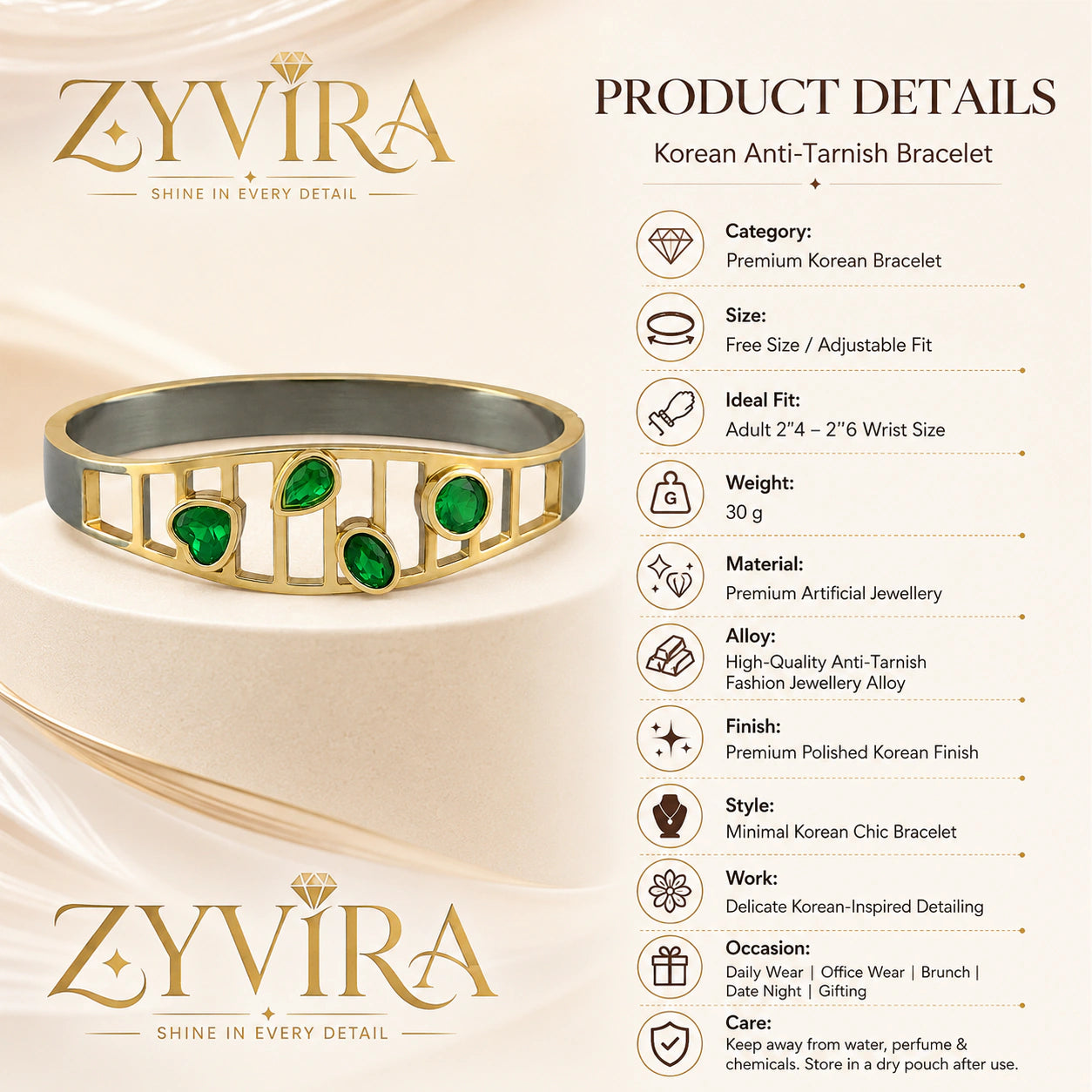Open structure view of the gold green stone kada