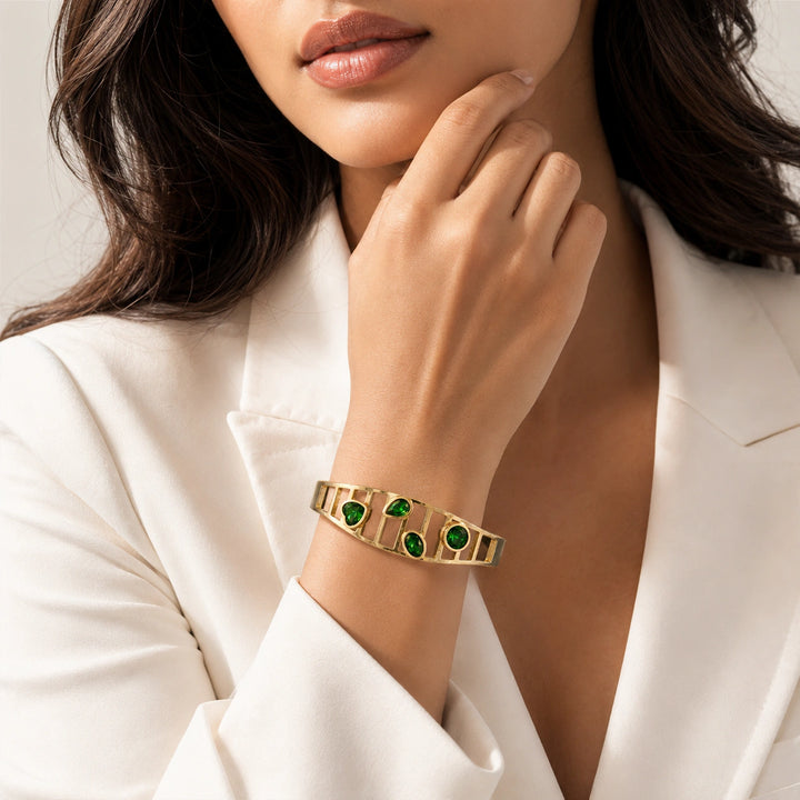 Gold-tone green stone openwork kada bracelet