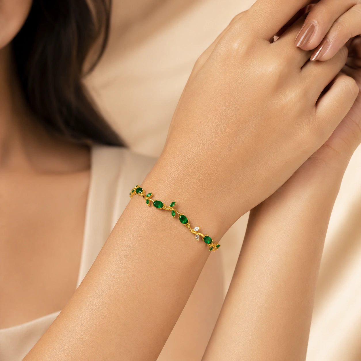 Alternate product view of the gold green tulip-vine bracelet