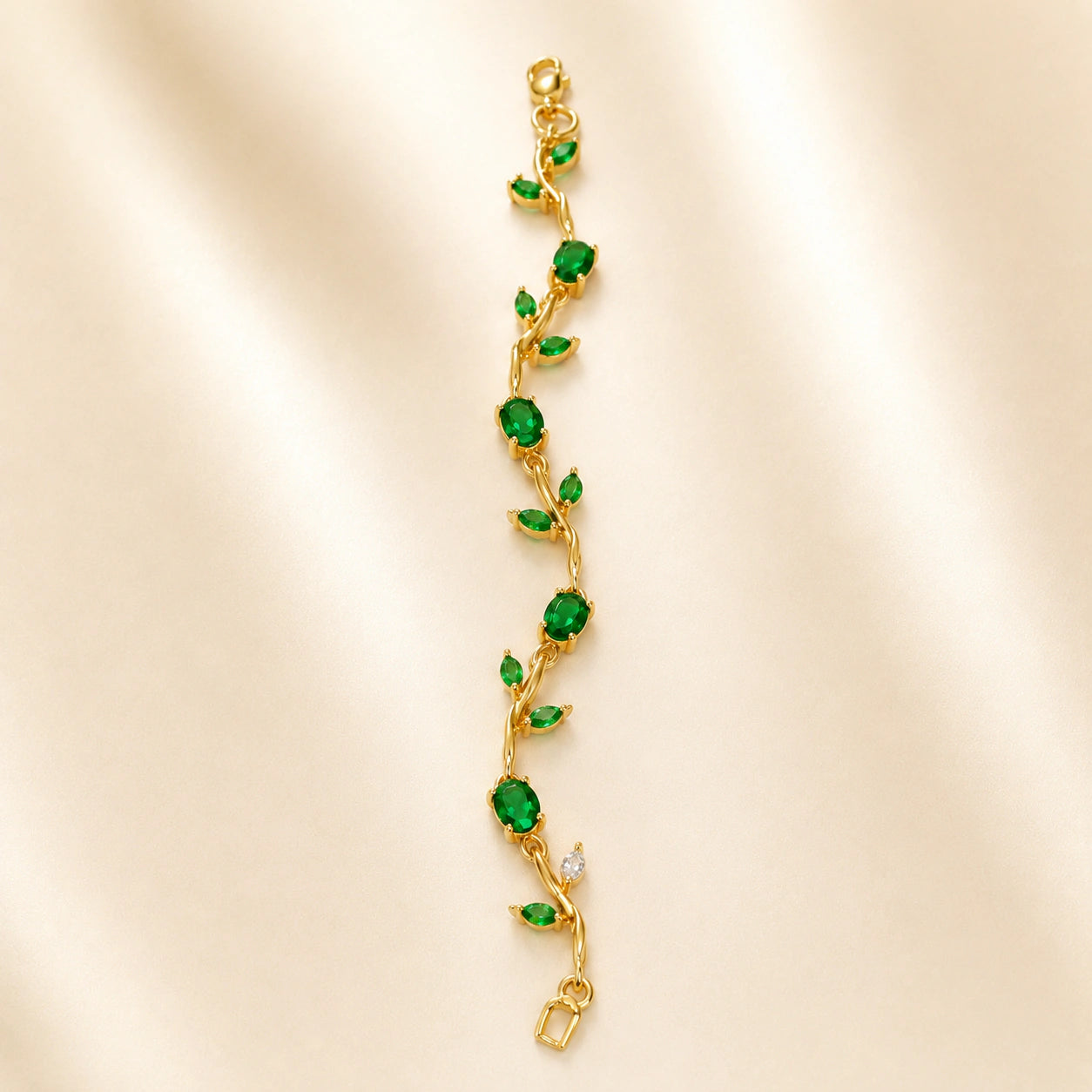 Angled view of the gold green tulip-vine bracelet