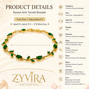 Gold green tulip bracelet styled in an elegant jewellery flat lay