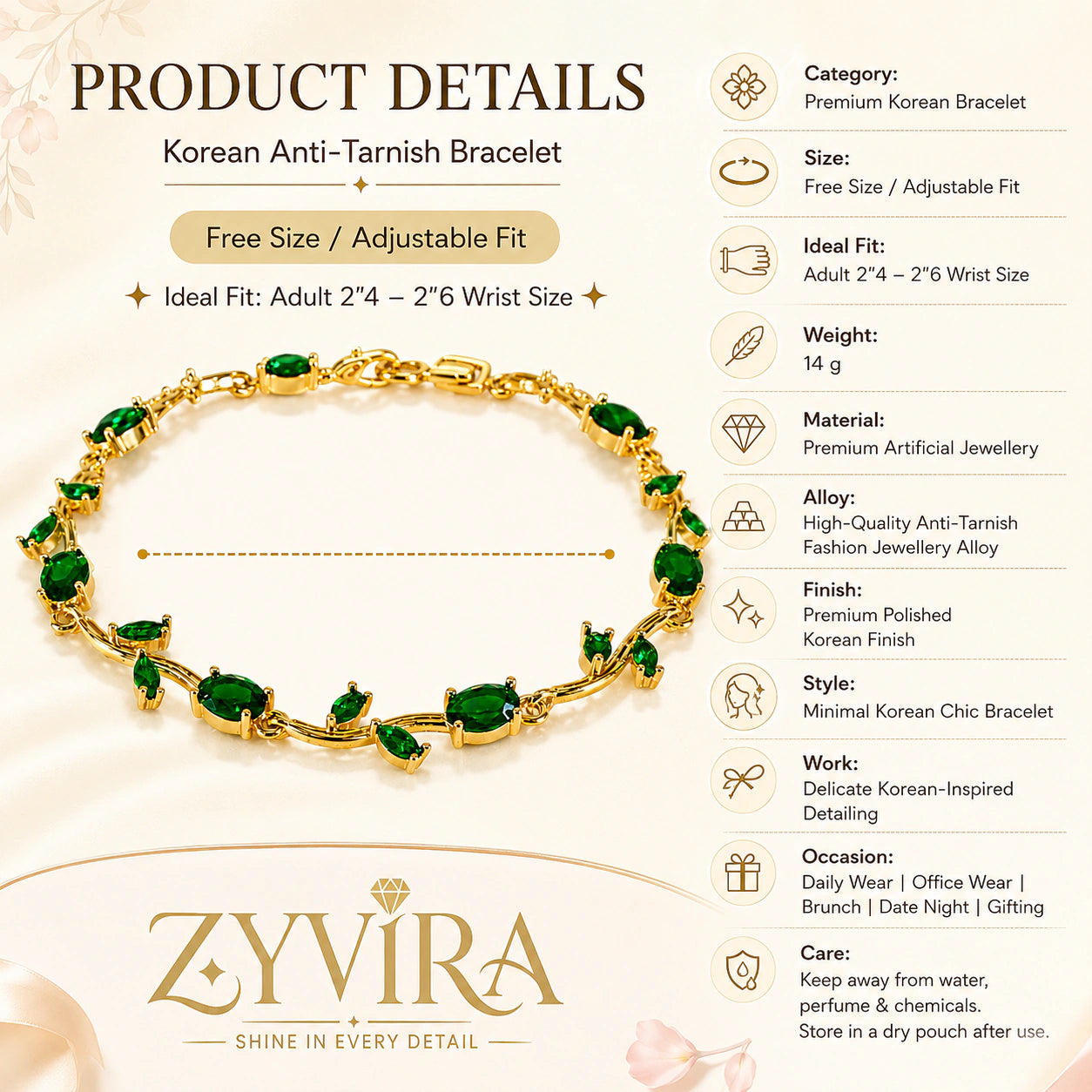 Gold green tulip bracelet styled in an elegant jewellery flat lay
