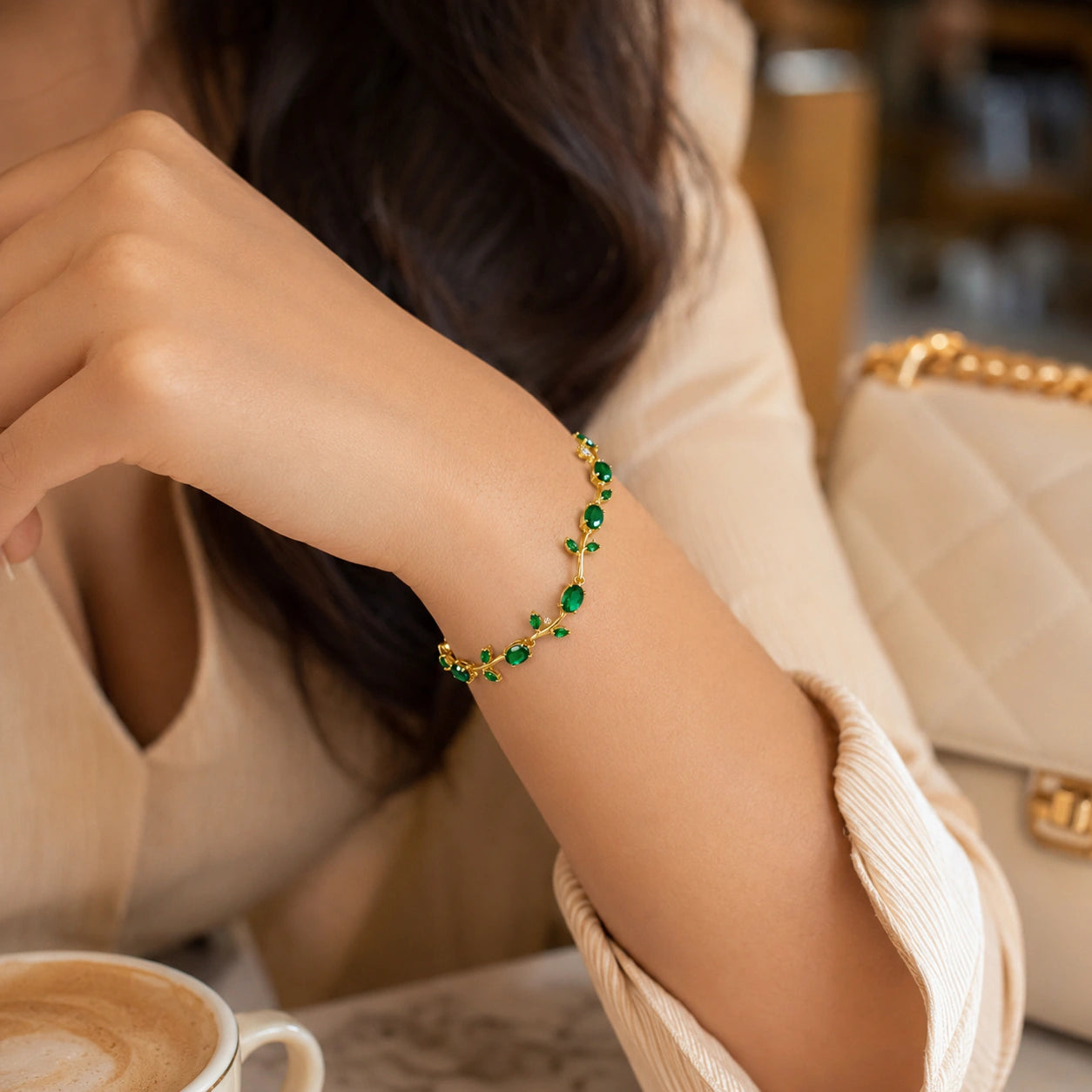 Close-up of green tulips, vine links and leaf accents