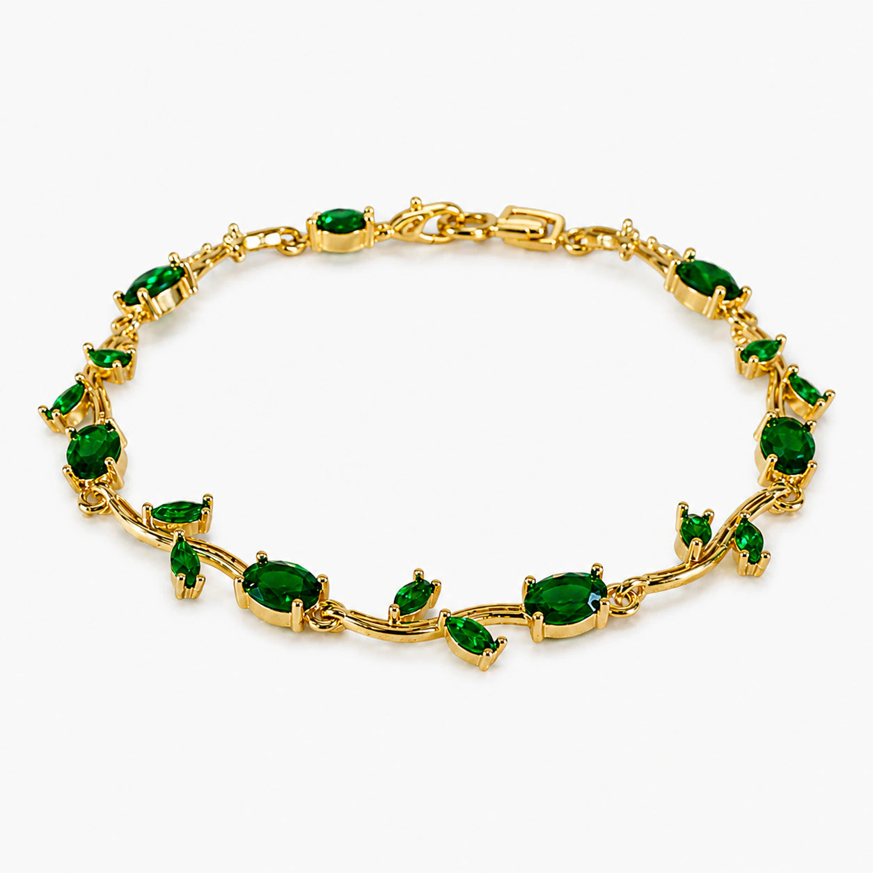Gold-tone green tulip vine link bracelet with leaf accents