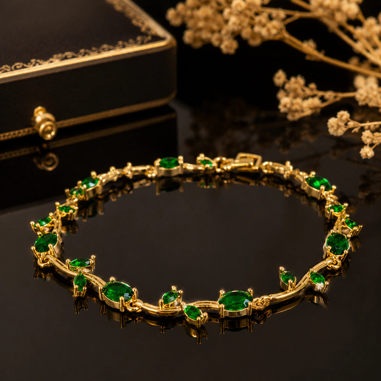 Side view of the gold green tulip-vine bracelet