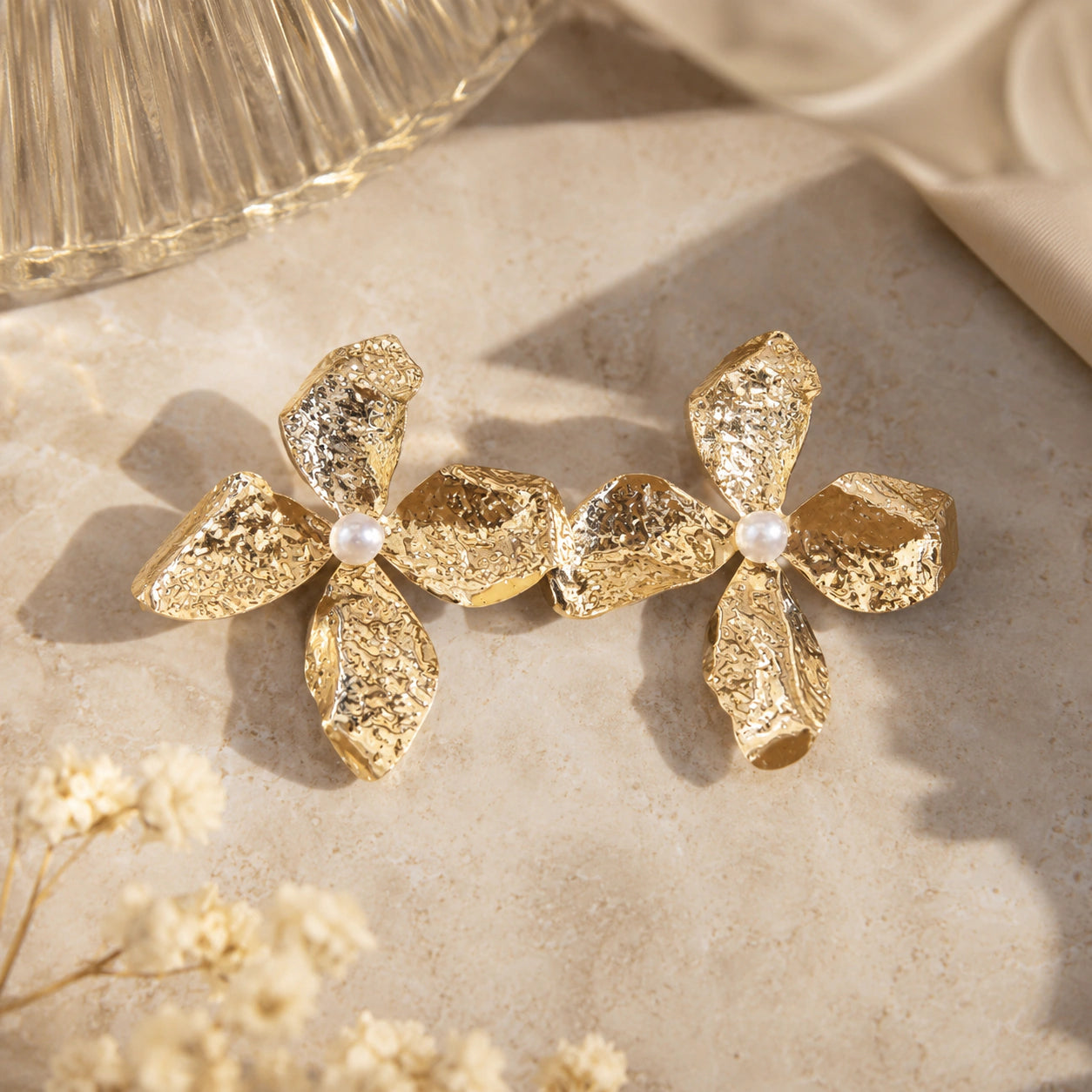Alternate product view of gold hammered floral pearl earrings