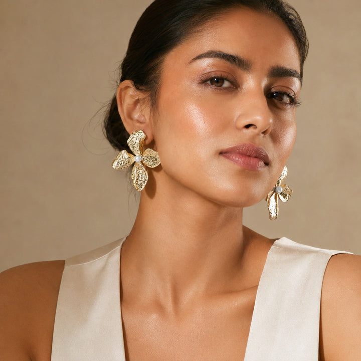 Western gold hammered floral pearl drop earrings