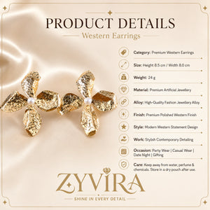 Product details card for gold hammered floral pearl earrings